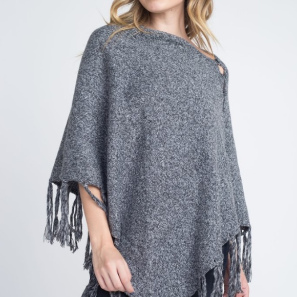 V-Shaped Fringed Poncho with Buttons - Picture 2 of 6